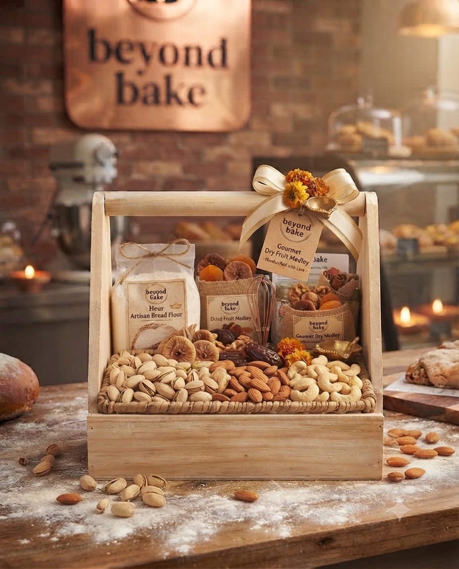 Beyond Bake Artisanal Baker’s Gourmet Dry Fruit & Flour Festive Wooden Caddy Hamper