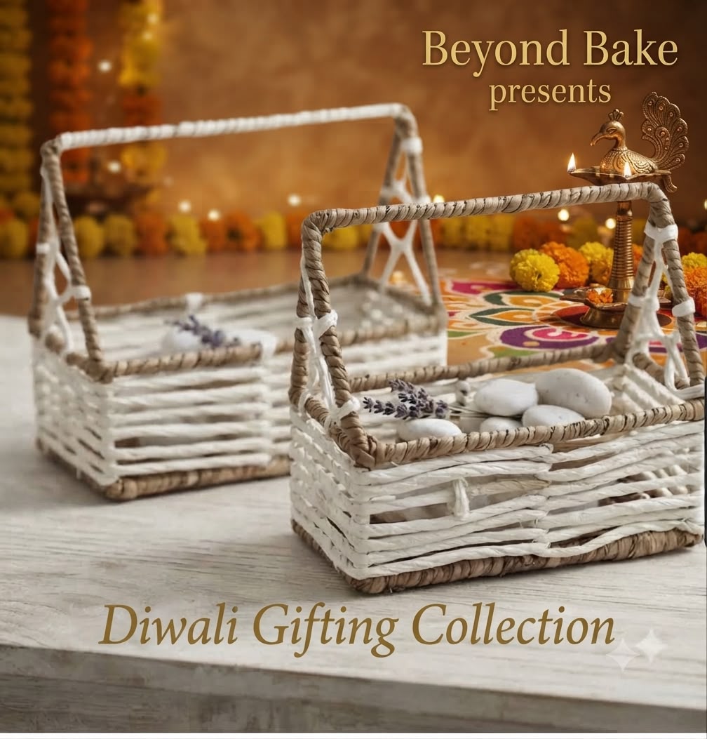 Beyond Bake Artisanal Woven Twin-Tone Diwali Hamper Basket with Overhead Arch Handle