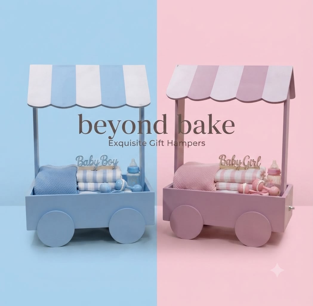 Beyond Bake Handcrafted Wooden Cart Baby Hamper Box (Pastel Blue & Pastel Pink Options)