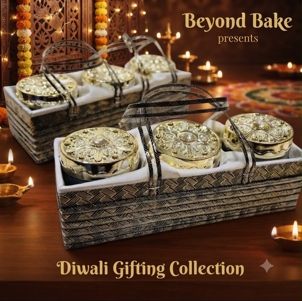 Beyond Bake Festive Diwali Gifting Hamper Basket with Embossed Gold Lid Jars (Set of 3)