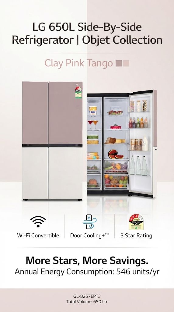 LG Objet Collection 650L Side-by-Side Refrigerator with Wi-Fi Convertible & Door Cooling+™ (Clay Pink Tango, 3 Star)