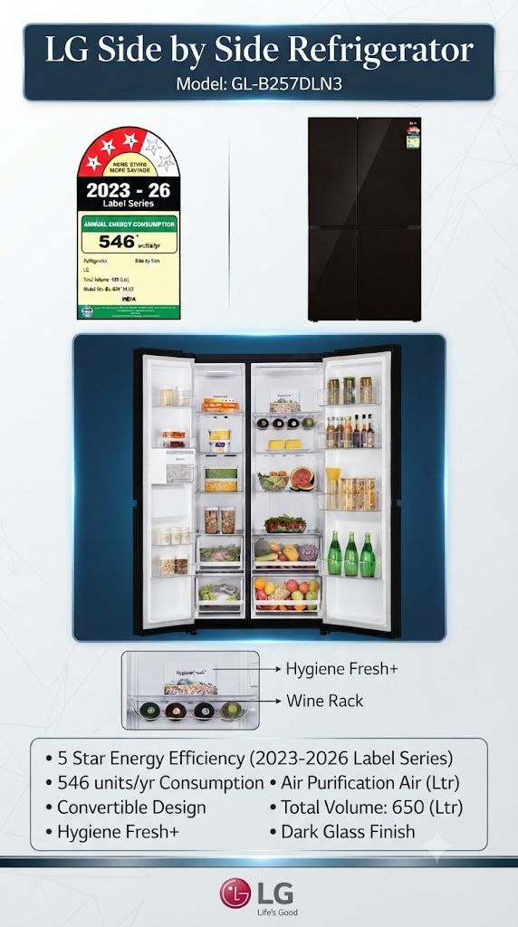 LG 650L Side-by-Side Refrigerator with Wi-Fi Convertible & Premium Glass Door (Linen Brown, 3 Star)