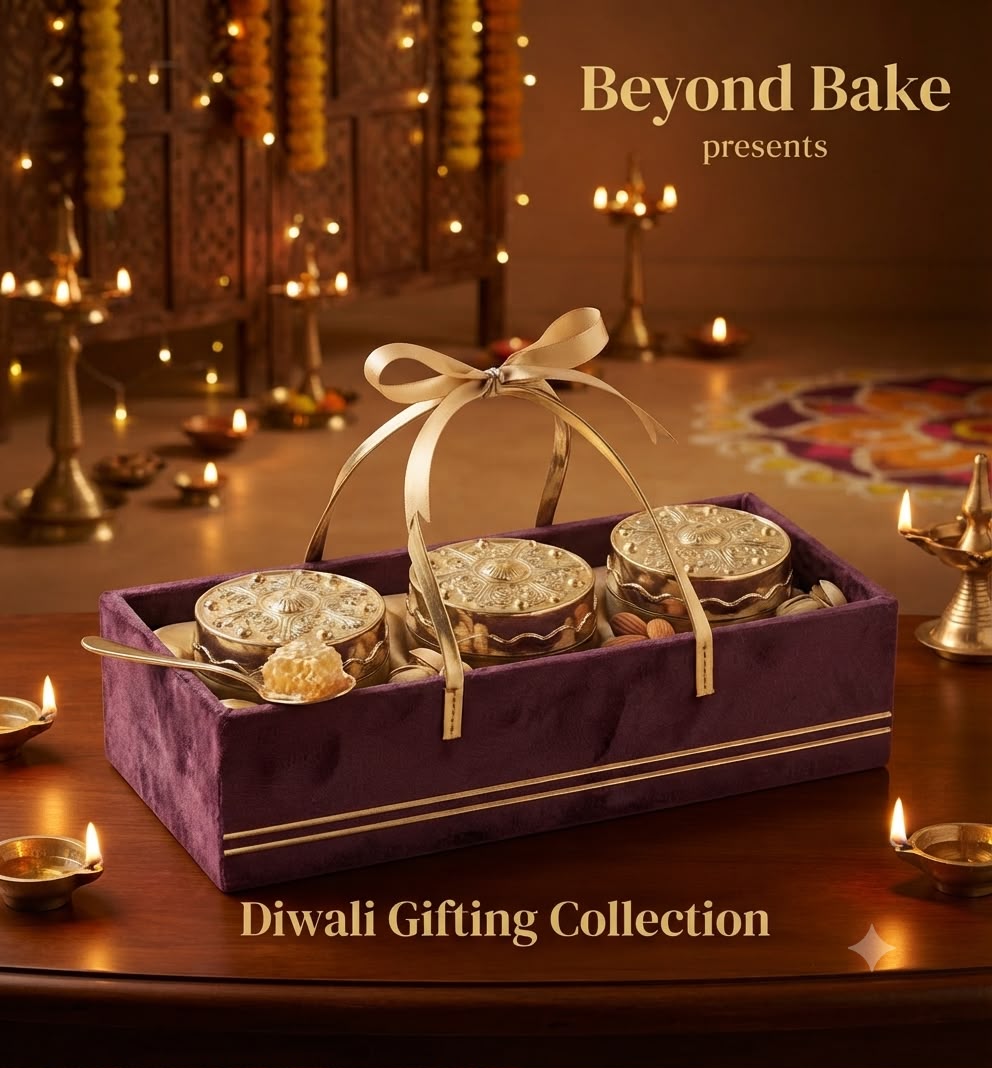 Beyond Bake Regal Purple Velvet Diwali Gifting Hamper Tray with Embossed Gold Lid Jars & Serving Spoon (Set of 3)