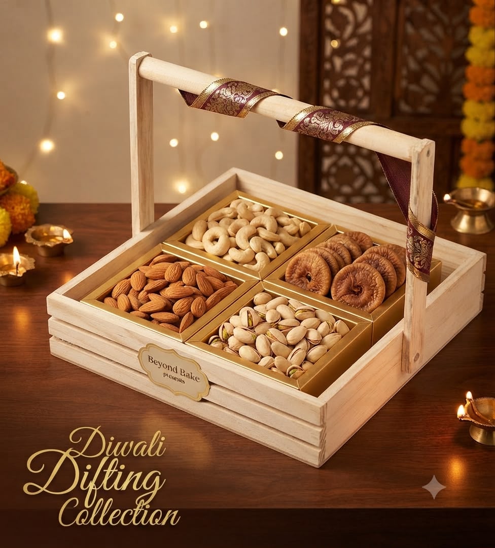 Beyond Bake Handcrafted Wooden Caddy Festive Diwali Hamper Tray with 4 Metallic Gold Dry Fruit Tins